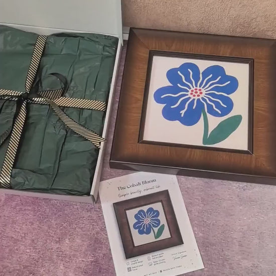 Blue Floral Illustration Square Wood Framed Art Giclée Print