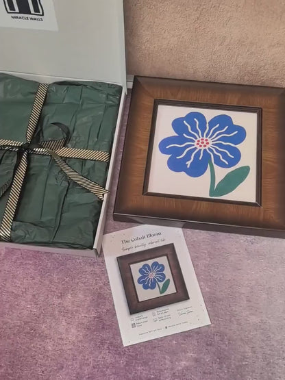 Blue Floral Illustration Square Wood Framed Art Giclée Print