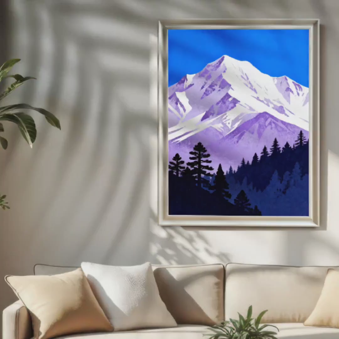 Snowy Peak Mountain Landscape Art Poster | Wood Framed Giclee Print Wall Decor
