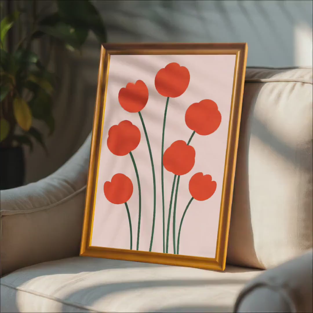 Minimalist Red Flower Wall Art Print: Wood Frame, Wall Decor