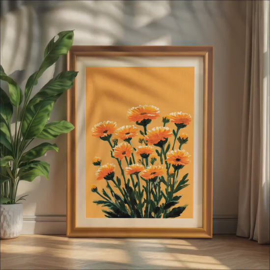 Bright Orange Calendula Flower Print: Wall Art, Giclee Wood Frame Decor