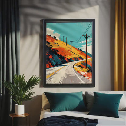 Hillside Road Trip Illustration Print Wood Framed Giclee Poster Wall Decor