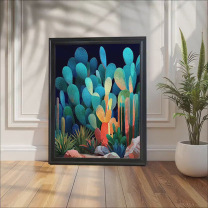 Teal Cactus Art Print: Bright Botanical Poster, Wood Framed Wall Decor