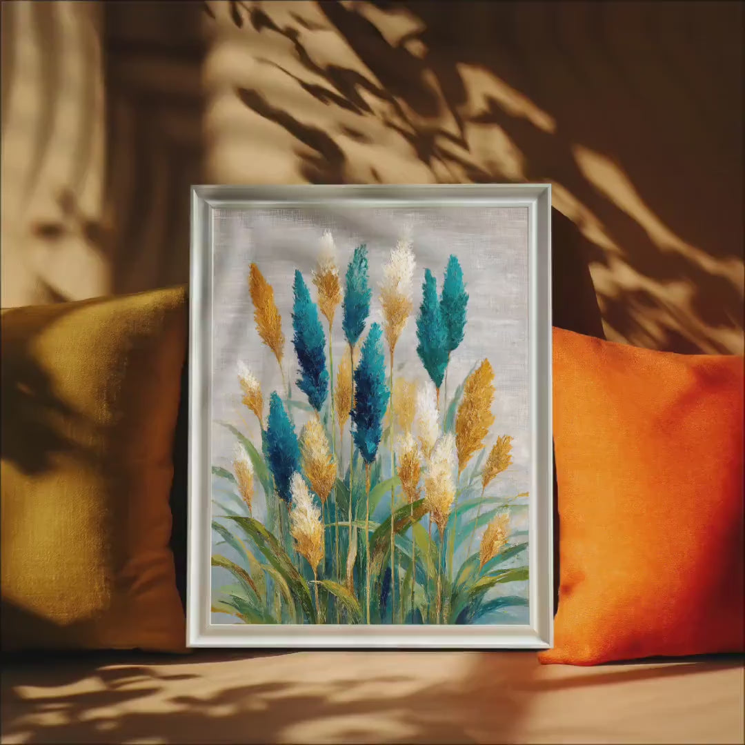 Abstract Reed Grass Wall Art Print | Wood Frame | Vibrant Boho Home Decor