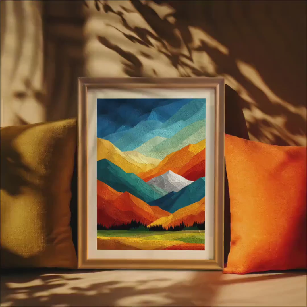 Colorful Abstract Mountain Wall Art - Modern Geometric Landscape Print - Wood Framed Nature Decor
