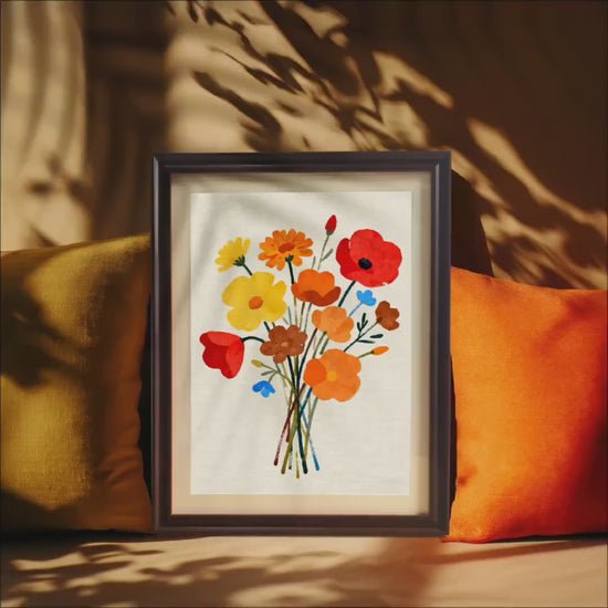 Minimalist Floral Bouquet Art Print: Modern Colorful Flowers Giclee, Wood Frame