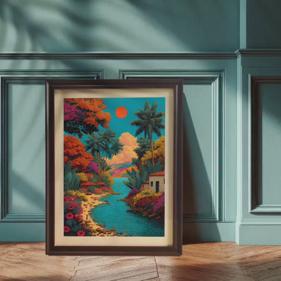 Tropical River Landscape Wood Framed Art Print