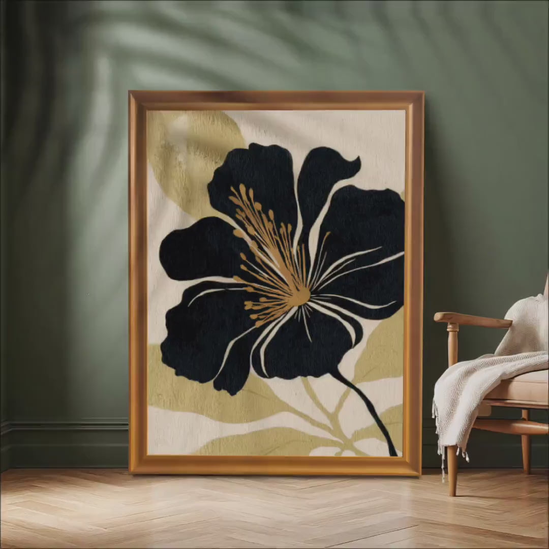 Minimalist Black Flower Art Print: Floral Illustration, Wood Framed Wall Hanging Decor