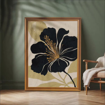 Minimalist Black Flower Art Print: Floral Illustration, Wood Framed Wall Hanging Decor