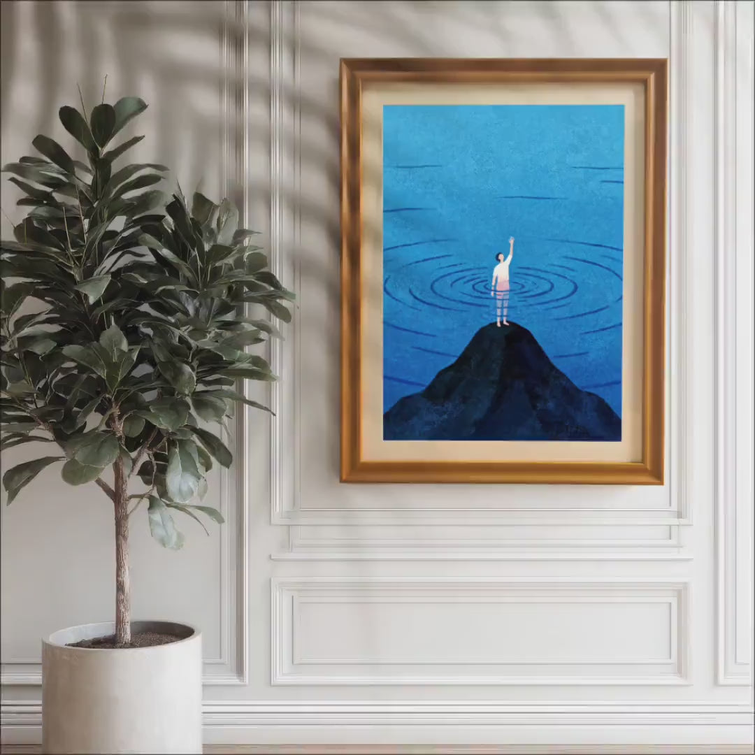 Minimalist Blue Water Figure Lake Art Print | Wood Framed Wall Decor