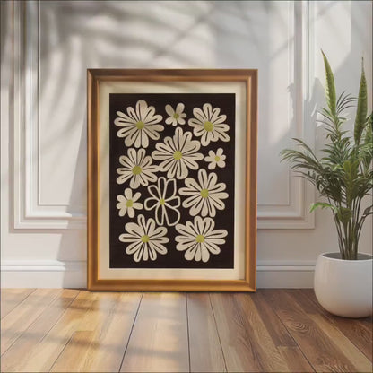 Stylized Retro Daisy Art Print: 70s Floral Wall Decor, Wood Frame