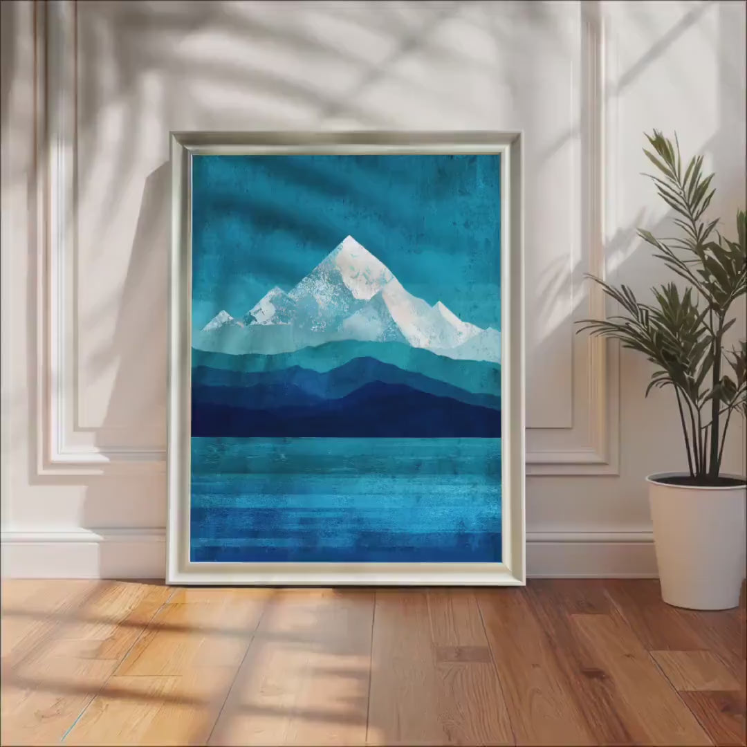 Minimalist Blue Mountain Peak Nature Landscape Art Print | Wood Framed Wall Decor