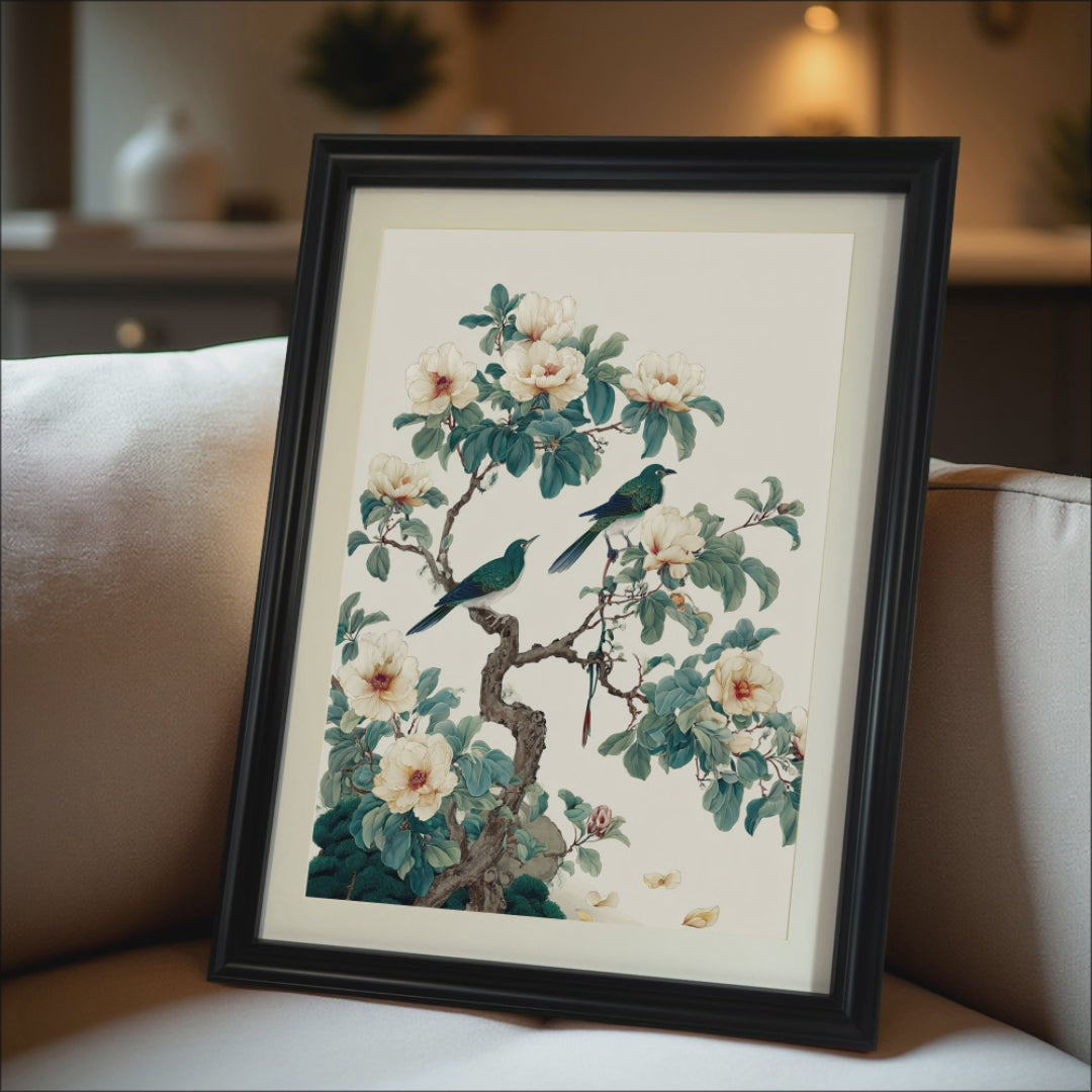 A sequence showcasing a vintage-style botanical print of blue birds perched on a blossoming white magnolia branch. The video begins with the black-framed art leaning against a neutral sofa, then transitions to a white-framed version hanging on a deep blue wall above a modern couch. It concludes with the "Miracle Walls" logo appearing over the artwork.