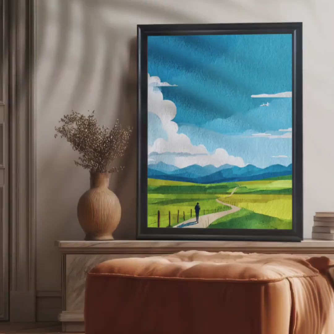 Green Field Long Road Landscape Art Print | Wooden Frame Wall Hanging Decor