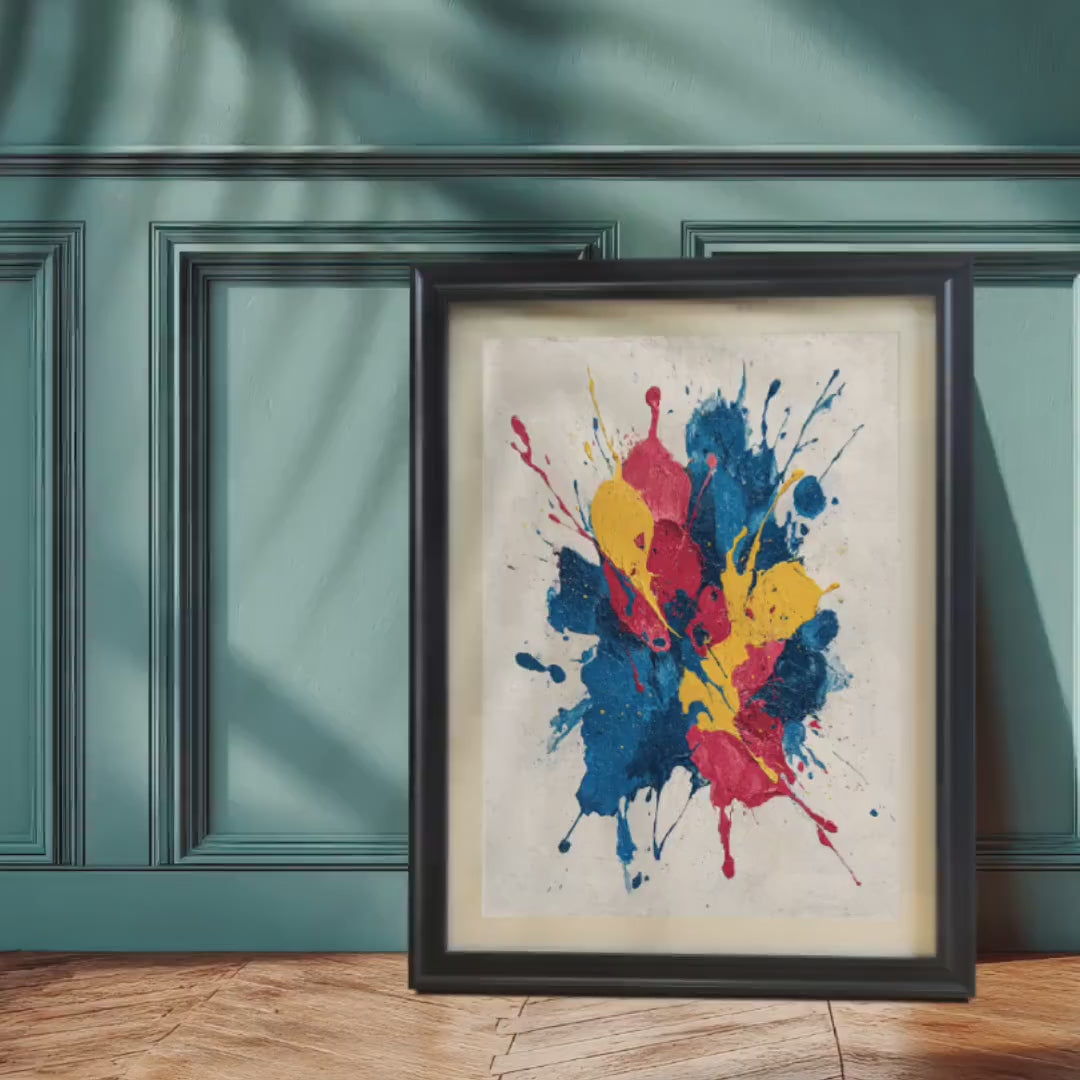 Abstract Primary Colors Paint Splatter Painting Art Print | Wood Framed Wall Decor