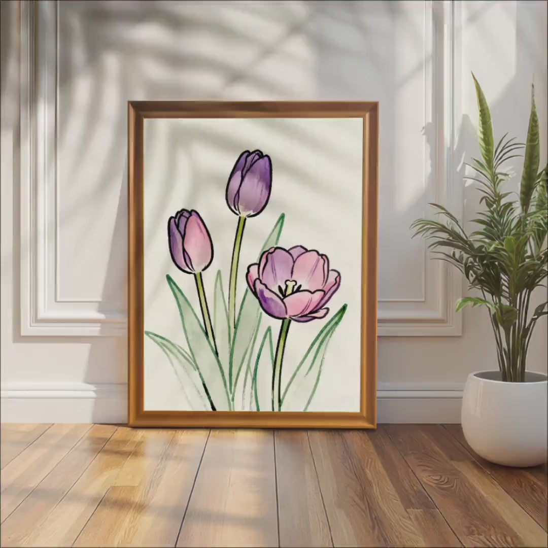 Watercolor Purple Tulip Art Print: Minimalist Flower, Wood Frame, Home Wall Decor