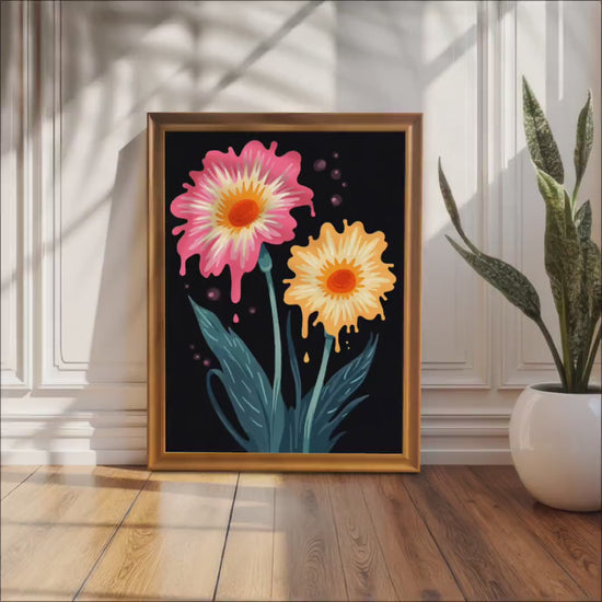 Dripping Flower Art Print: Pink & Orange Daisy, Wood Framed Wall Decor