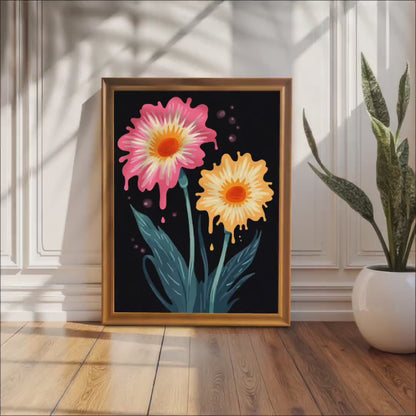 Dripping Flower Art Print: Pink & Orange Daisy, Wood Framed Wall Decor