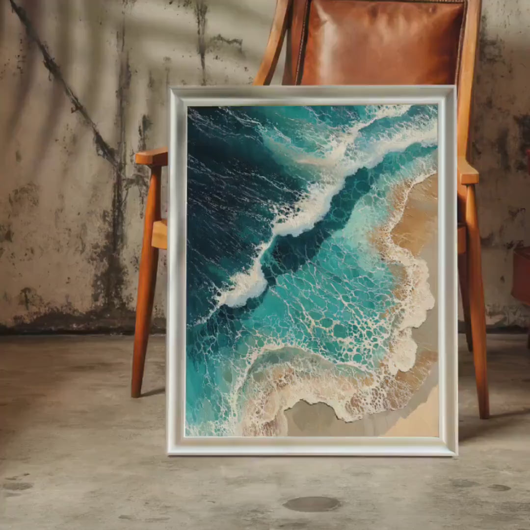 Abstract Ocean Waves Beach Landscape Wood Framed Wall Art Print