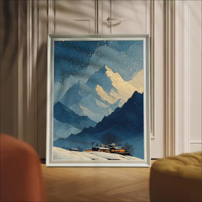 Physical Wood Framed Winter Mountain Cabin Art Print, Snowy Landscape Poster