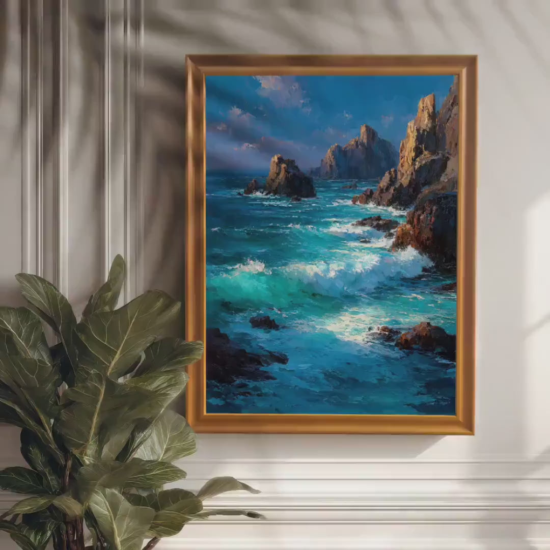 Ocean Waves Seascape Coastal Art Painting Print Wood Framed Wall Decor