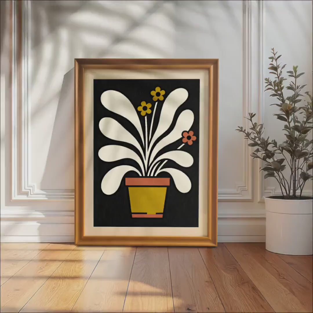 Abstract Potted Plant Floral Illustration Art Print - Geometric Pattern Giclée, Wood Frame, Wall Decor