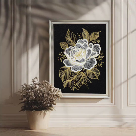 Gold White Floral Giclee Print: Wood Frame Wall Decor, Large Living Room Art