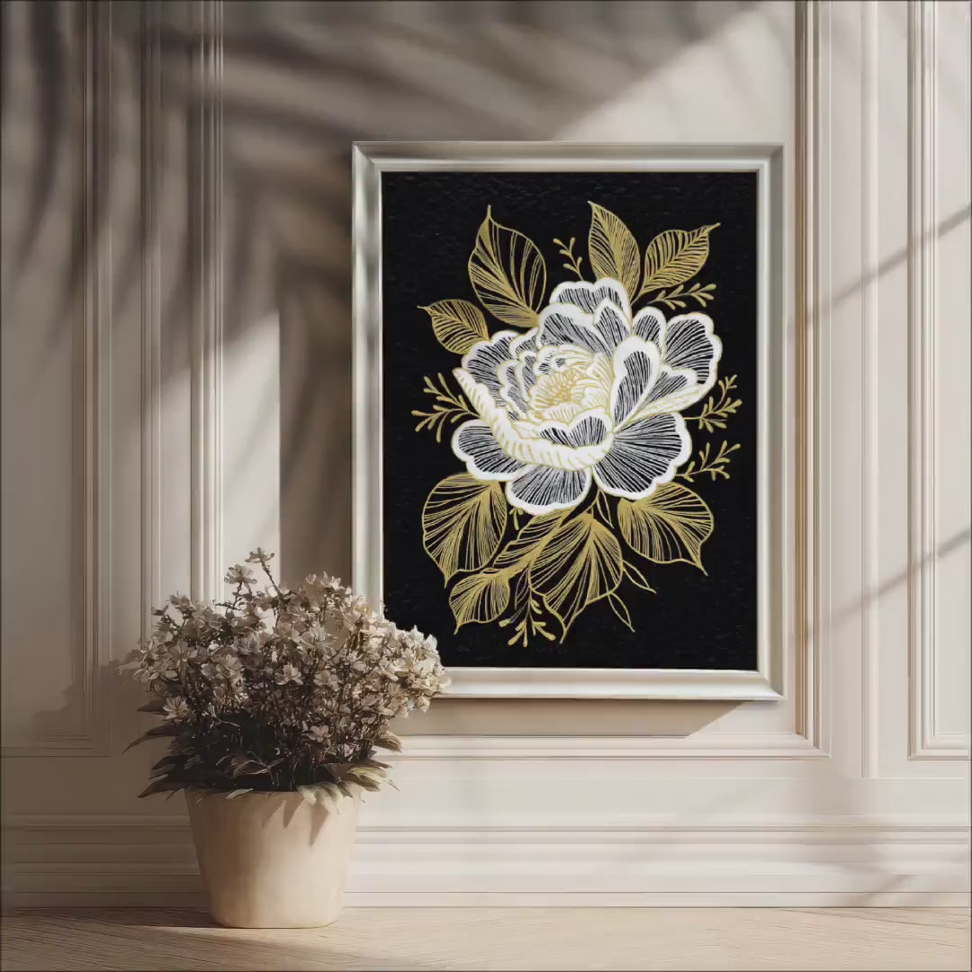 Gold White Floral Giclee Print: Wood Frame Wall Decor, Large Living Room Art