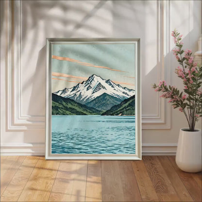 Mountain Lake Illustration Painting Print: Nature Landscape Wood Framed Wall Art Decor