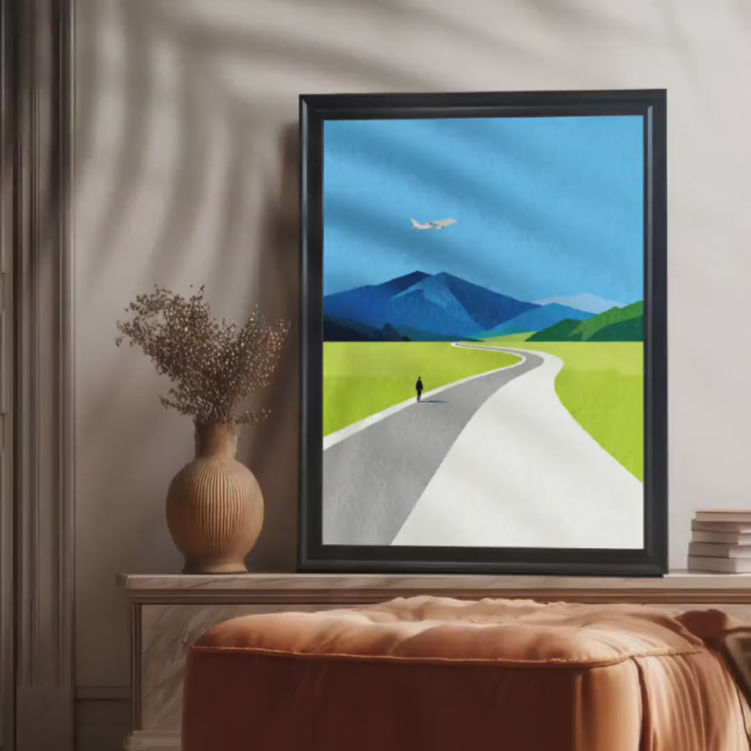 Minimalist Road to Mountains Illustration Art Print | Wood Framed Wall Decor Poster