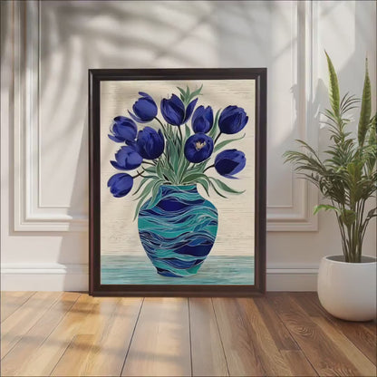 Blue Tulips in Vase Flower Art Print: Wood Framed Wall Decor