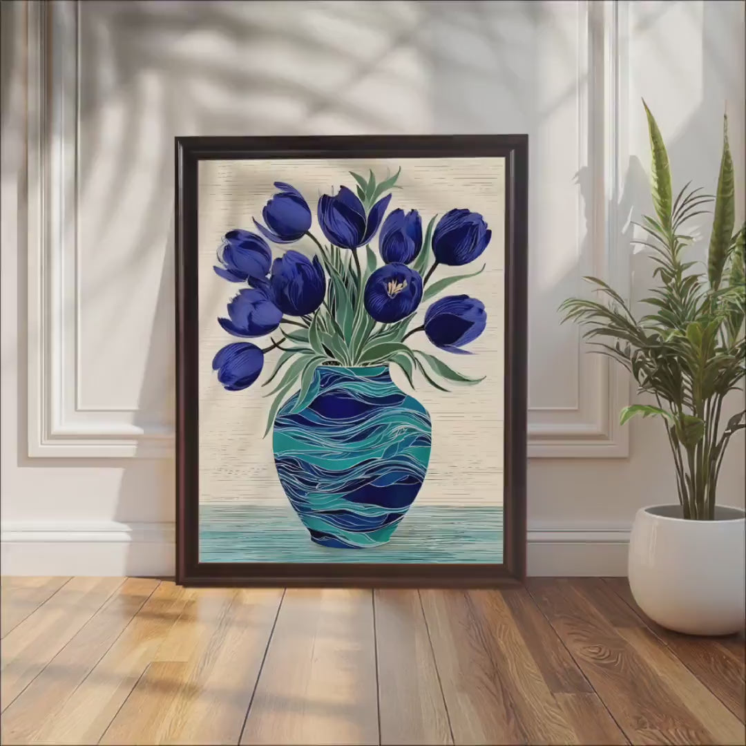 Blue Tulips in Vase Flower Art Print: Wood Framed Wall Decor