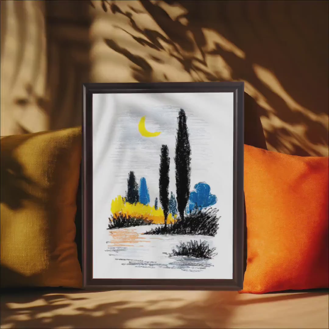 Moonlit Cypress Trees Abstract Crayon Landscape Art Print | Physical Wood Framed Wall Decor