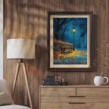 Autumn Night Streetlight Bench Wood Framed Art Print Wall Decor