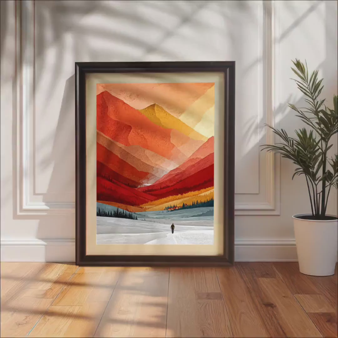 Minimalist Red Mountain Valley Wall Art | Wood Framed Landscape Print