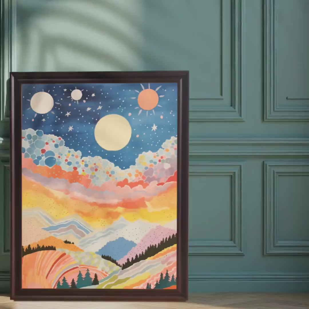 Abstract Celestial Mountain Landscape Wood Framed Art Print