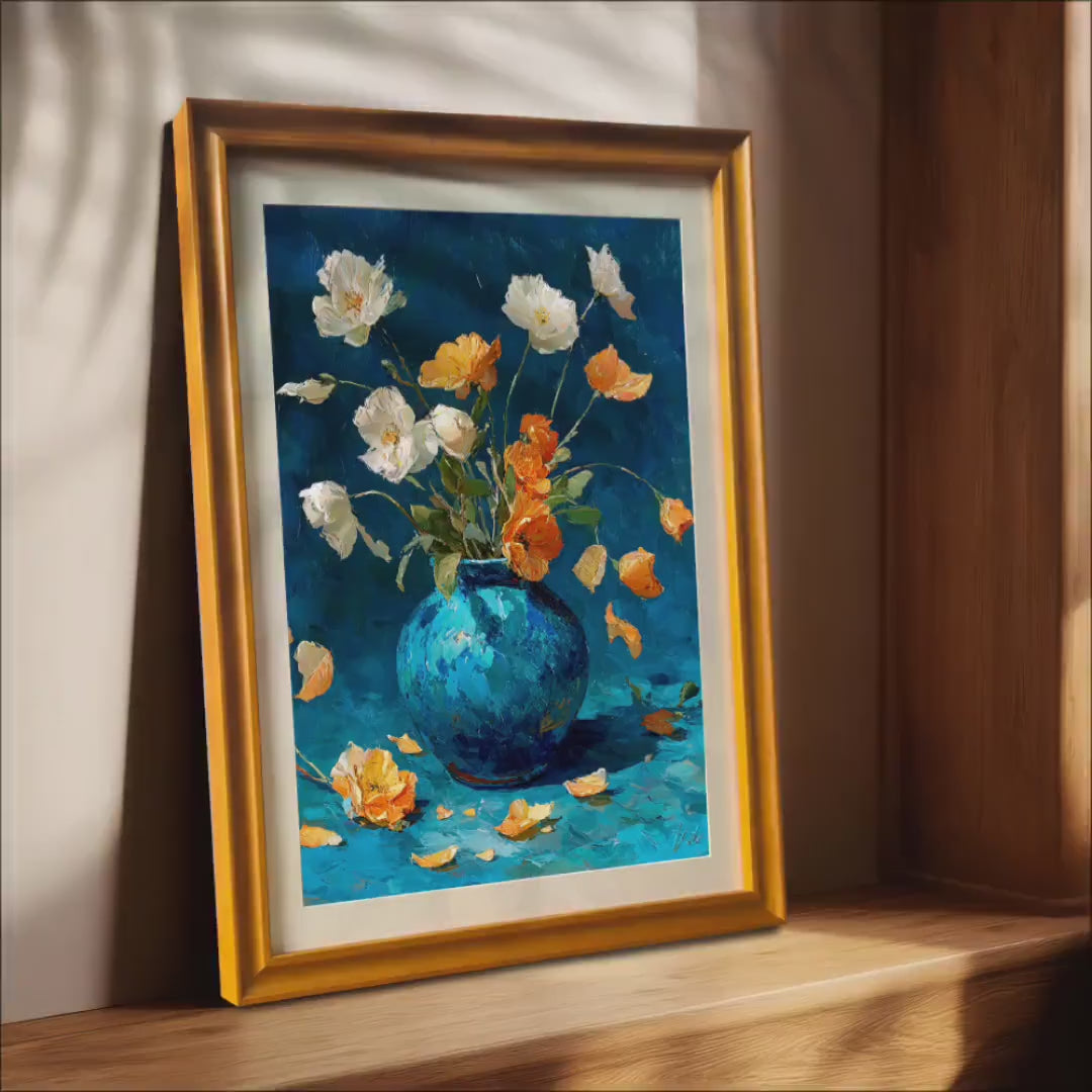 Vibrant Flower Vase Oil Painting Art Print: Wood Framed Wall Decor