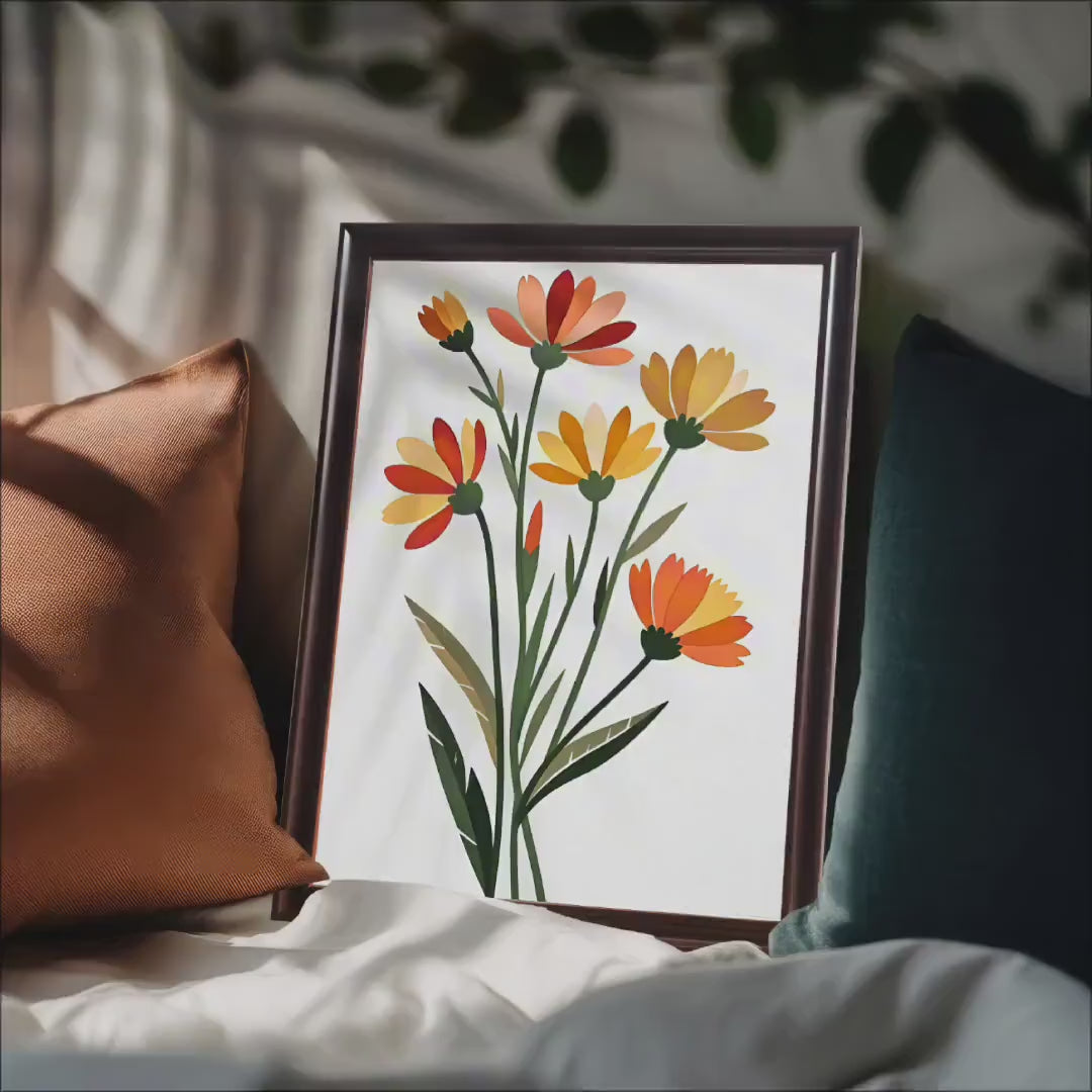 Minimalist Orange Yellow Flower Art Print: Wood Frame, Floral Poster