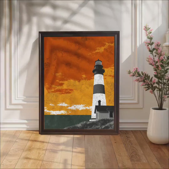 Lighthouse Coast Illustration Wood Framed Wall Art Print