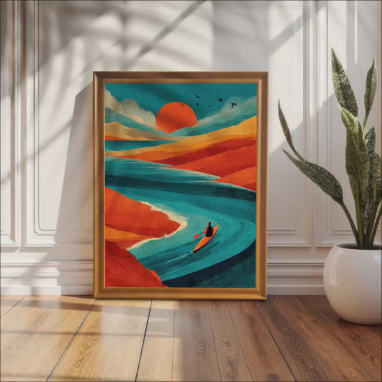 Minimalist Kayak Adventure Landscape Wood Framed Wall Print