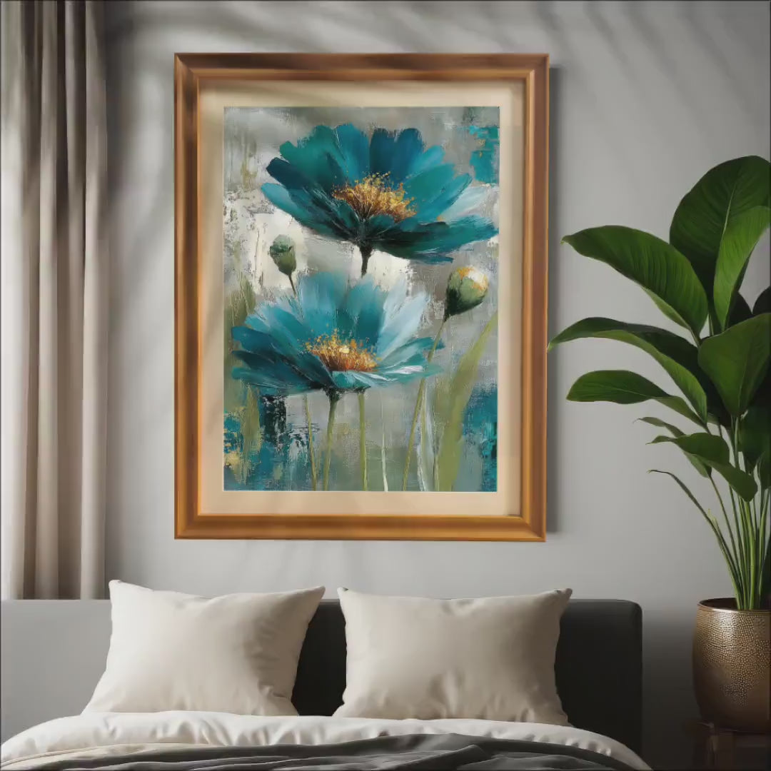 Abstract Teal Flowers Painting Print | Turquoise Floral Wall Art | Wood Framed Hanging Decor