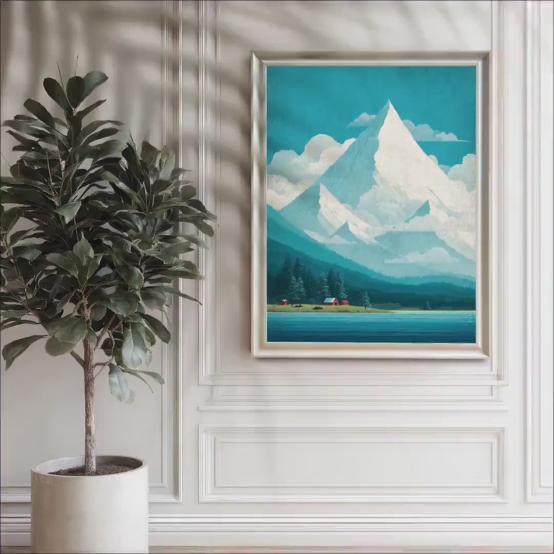 Mountain Lake Wood Framed Wall Art Print | Modern Nature Landscape Illustration