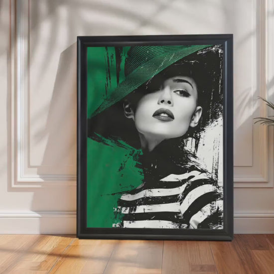 Black and Green Hat Woman Modern Portrait Wood Framed Art Print