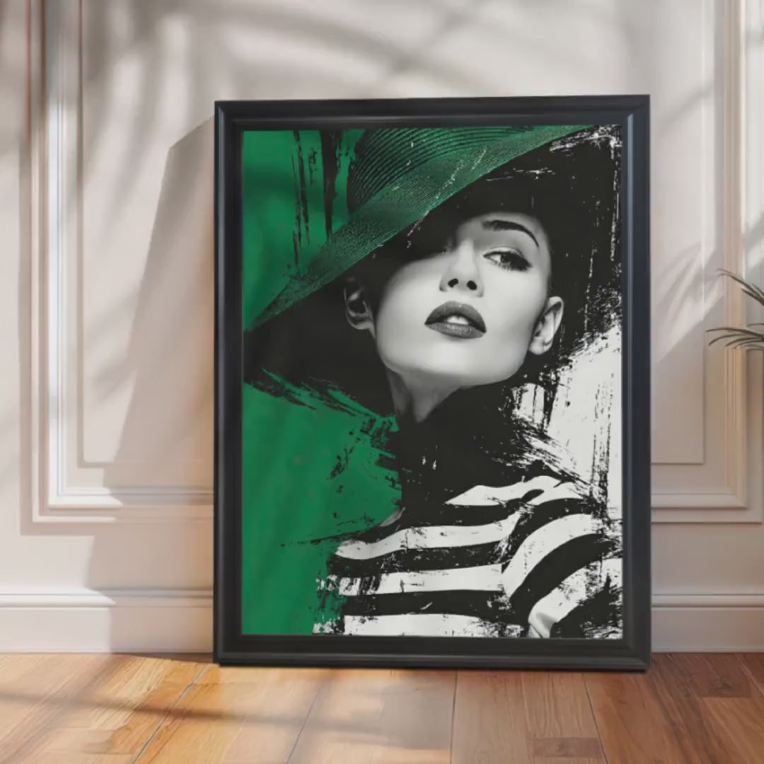 Black and Green Hat Woman Modern Portrait Wood Framed Art Print