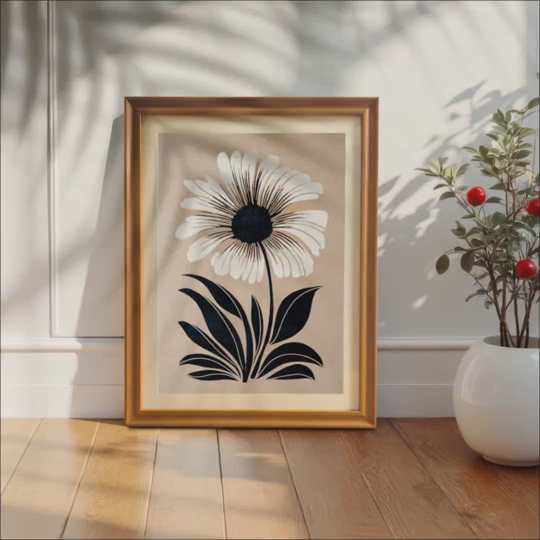 Minimalist Black White Daisy Flower Print: Neutral Beige Background, Wood Framed Wall Poster