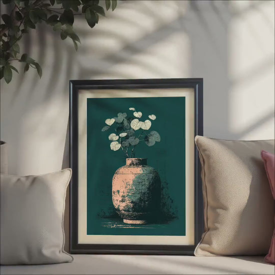 Pilea Plant Vase Physical Wood Framed Art Print, Rustic Green Still Life Poster