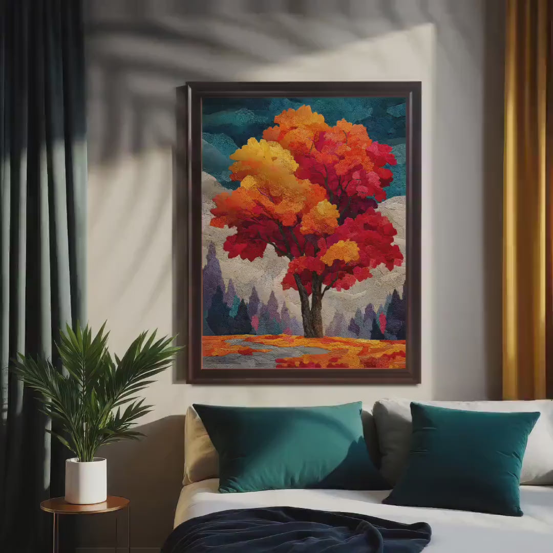 Autumn Tree Landscape Wood Framed Wall Art Print for Housewarming Decor