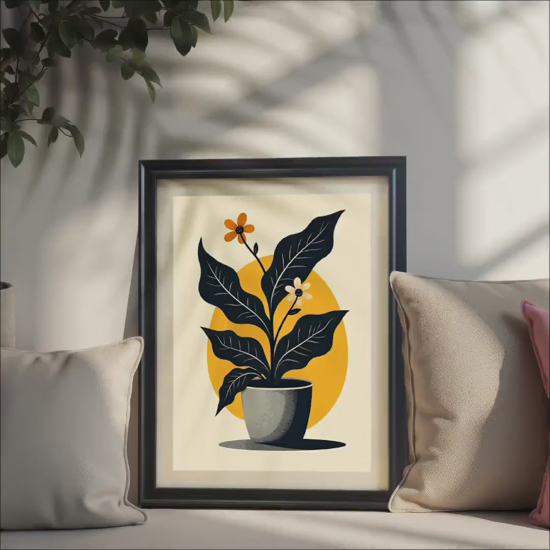 Stylized Potted Plant Flower Art Print, Minimalist Giclée, Wood Frame, Wall Decor