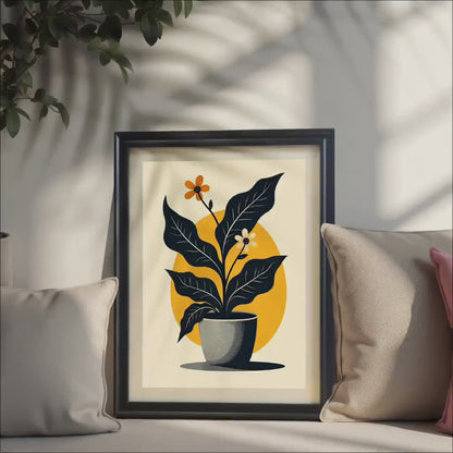Stylized Potted Plant Flower Art Print, Minimalist Giclée, Wood Frame, Wall Decor